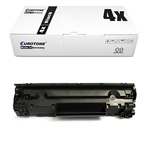 Eine weiße Eurotone-Verpackung für 4x schwarzen Drucker-Toner, darunter eine einzelne schwarze Tonerkassette.