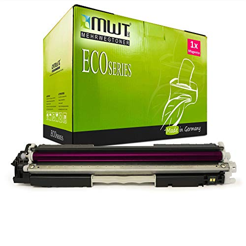 Eine grüne MWT EcoSeries Tonerbox mit einer magentafarbenen Tonerkassette davor auf weißem Hintergrund.