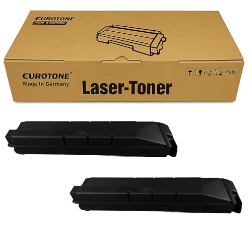 Eine braune Kartonverpackung mit der Aufschrift Laser-Toner und zwei schwarze Tonerpatronen davor.