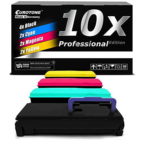 Eurotone-Tonerkassetten in Schwarz, Cyan, Magenta und Gelb vor ihrer Verpackung.