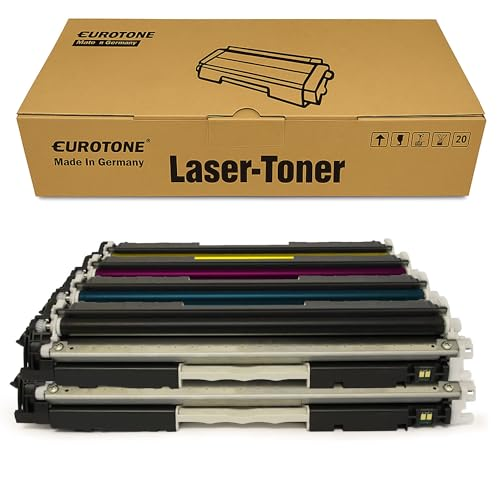 Eine Eurotone Lasertoner Box mit mehreren Tonerkartuschen in Schwarz und Farben davor auf weißem Grund.