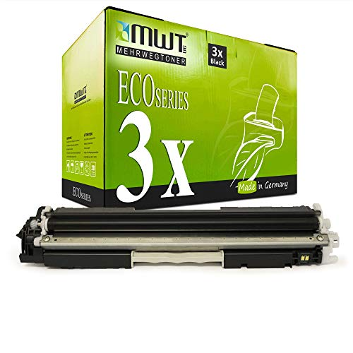 Eine grüne MWT Tonerbox für 3x Black steht hinter einer einzelnen Tonerkassette auf weißem Hintergrund.