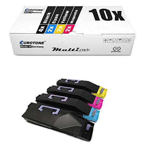 Eurotone Multipack mit zehn Tonerkartuschen in Schwarz, Cyan, Gelb und Magenta und dazugehörige Verpackung.