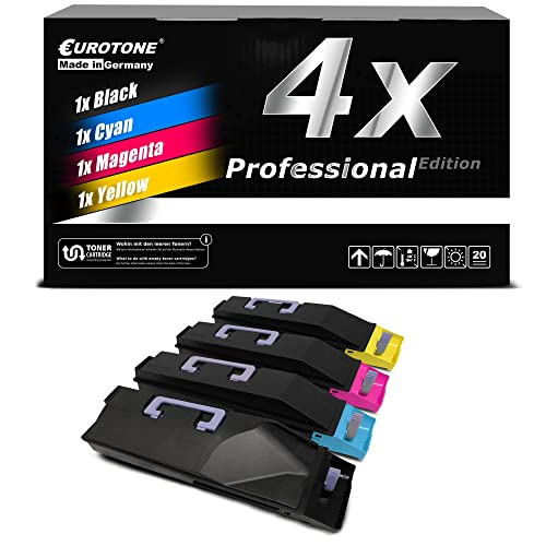 Eurotone-Druckerpatronen Set mit vier Farben: Schwarz, Cyan, Magenta und Gelb vor einer schwarzen Verpackung.