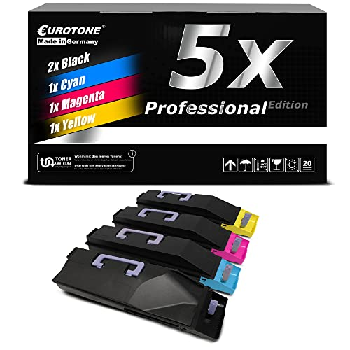 Eurotone-Tonerkartuschen-Set: Fünf Patronen in Schwarz, Cyan, Magenta und Gelb vor einer Produktverpackung.