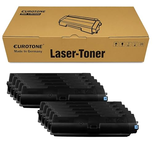 Eurotone Lasertoner-Kartons mit einem Stapel schwarzer Tonerkassetten davor auf weißem Hintergrund.