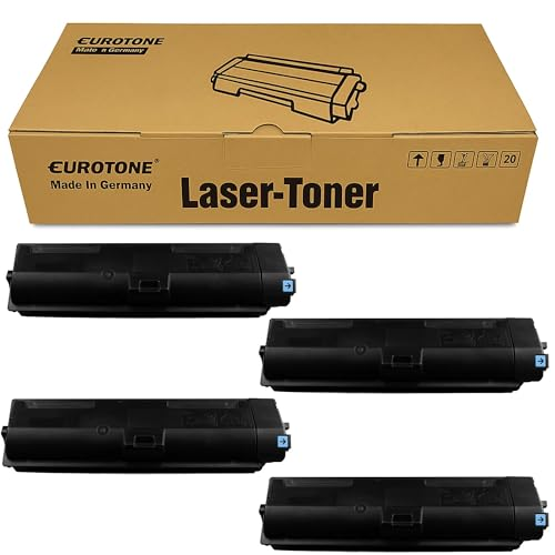Ein Karton mit Aufschrift Eurotone Laser-Toner und vier darunter angeordneten schwarzen Tonerkartuschen.