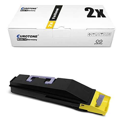 Eine weiße Eurotone-Verpackung für gelben Toner mit einer schwarz-gelben Tonerkartusche darunter.