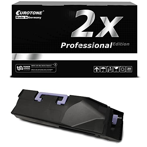 Schwarze Eurotone-Tonerbox und eine kompatible schwarze Tonerkassette mit lilafarbenen Griffen vor weißem Hintergrund.