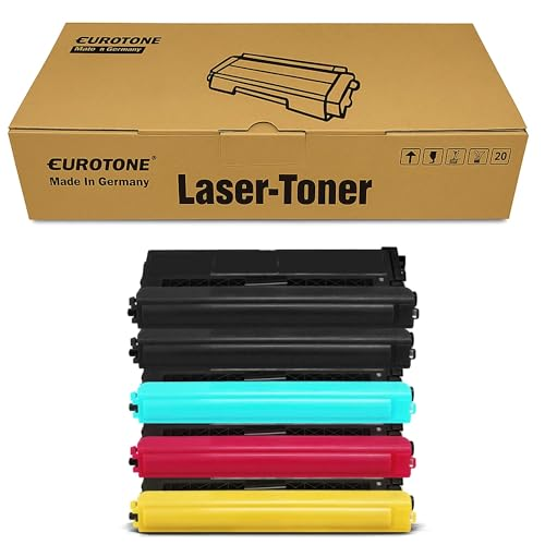 Eine braune Eurotone Laser-Toner Schachtel und fünf Tonerpatronen in Schwarz, Cyan, Magenta und Gelb davor.
