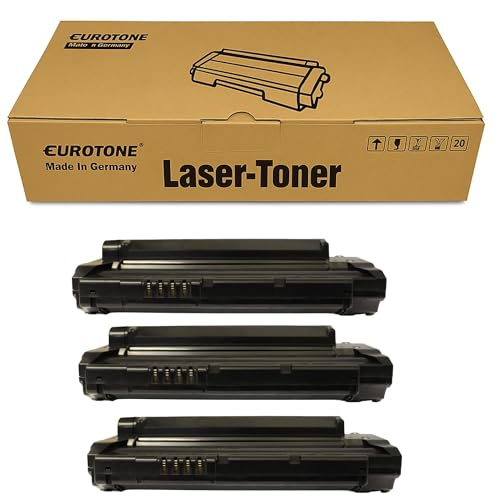 Eine Eurotone Lasertoner-Box mit drei schwarzen Tonerkartuschen davor.