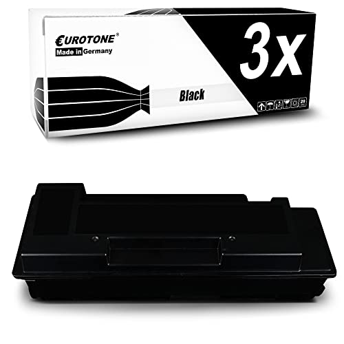 Eine Verpackung mit der Aufschrift 3x Black und eine schwarze Tonerkassette auf weißem Hintergrund.