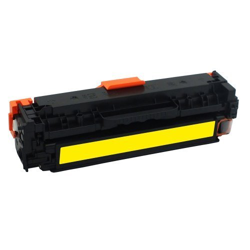 Eine schwarze Laserdrucker-Tonerkartusche mit gelbem Streifen und orangen Schutzkappen vor weißem Hintergrund.