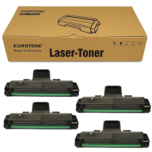 Vier schwarze Lasertoner mit grünen Rollen und eine Eurotone Kartonverpackung.