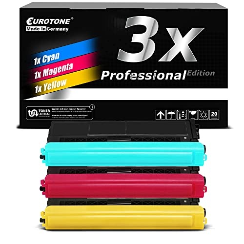 Eurotone-Tonerbox mit drei Patronen in Cyan, Magenta und Gelb vor schwarzem Hintergrund.