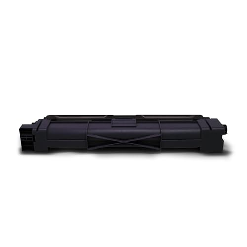 Eine schwarze Tonerkassette liegt horizontal auf weißem Hintergrund mit einem sanften Schatten darunter.