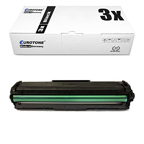 Eine weiße Eurotone-Verpackungsbox mit der Aufschrift 3x Black und eine schwarze Tonerkartusche mit grünem Roller.