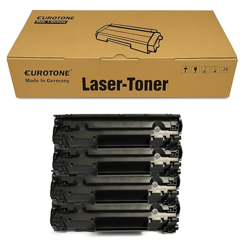 Ein brauner Karton mit der Aufschrift Eurotone Laser-Toner liegt über einem Stapel von vier schwarzen Tonerkartuschen.