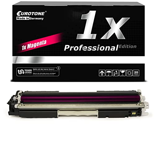 Eine Eurotone Magenta Tonerpatrone liegt vor einer schwarz-weißen Produktverpackung.