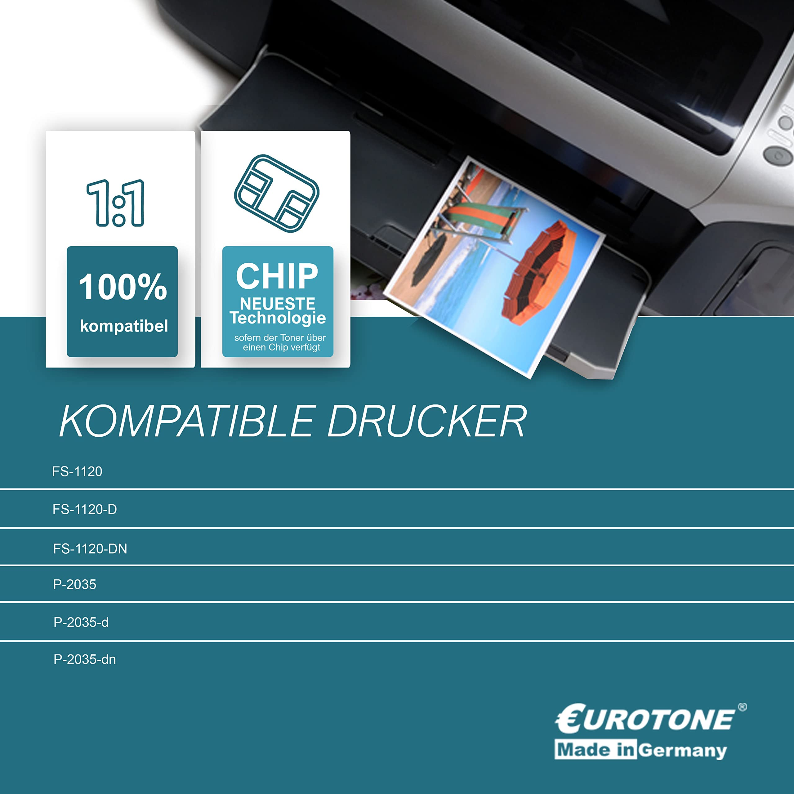 Werbung für kompatible Drucker mit Chip, inklusive einer gedruckten Strandfoto und Modellnamen.