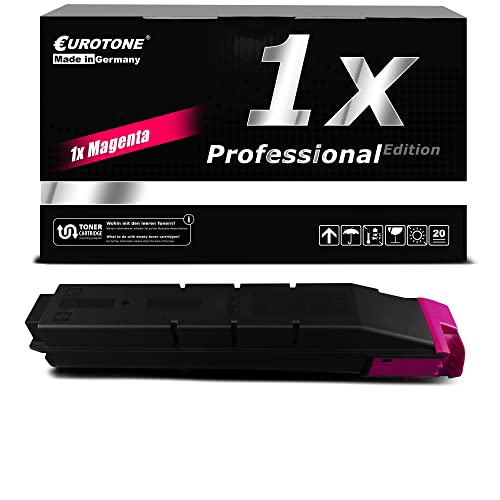 Eurotone-Tonerkartusche in Magenta vor ihrer schwarzen Verpackung.