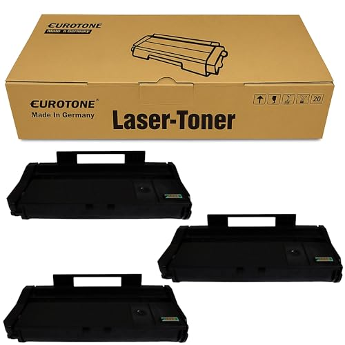 Eine braune Eurotone Laser-Toner Schachtel mit drei schwarzen Tonerkartuschen davor auf weißem Grund.