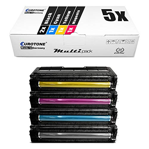 Eurotone Mehrpackung Tonerkassetten in Schwarz, Cyan, Gelb und Magenta vor der Verpackung.