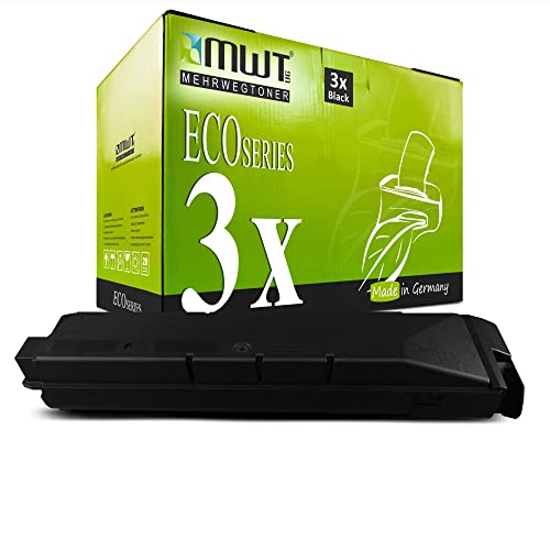 Eine grüne MWT EcoSeries Toner-Schachtel mit drei schwarzen Tonern und ein einzelner schwarzer Toner davor.