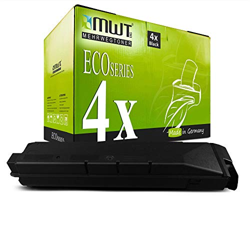 Eine schwarze Druckerpatrone vor einer grün-schwarzen MWT Eco Series Schachtel mit vier schwarzen Patronen.