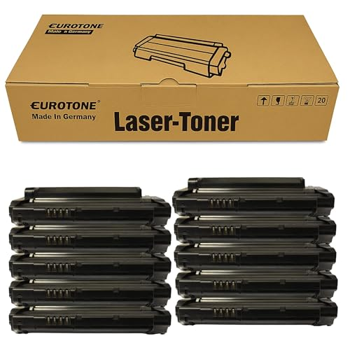 Eine braune Eurotone Laser-Toner Box mit zehn schwarzen Tonerkartuschen davor.