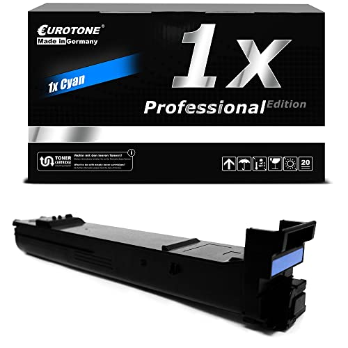 Eine schwarze Eurotone Cyan Tonerkassette vor ihrer passenden Produktverpackung.