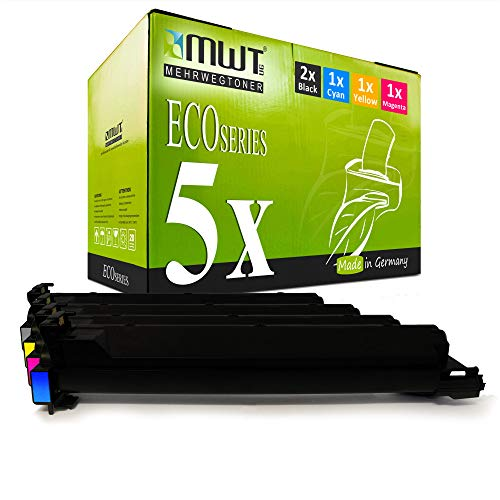 Grüne MWT EcoSeries Tonerbox mit fünf schwarzen und bunten Tonerkartuschen davor.