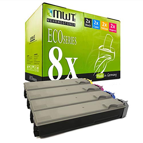 Eine grüne MWT Eco Series Tonerbox mit Aufdruck 8x und vier Tintenpatronen davor.
