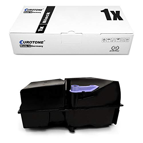 Eine weiße Eurotone Verpackungschachtel liegt über einem schwarzen Tonerkassette auf weißem Hintergrund.