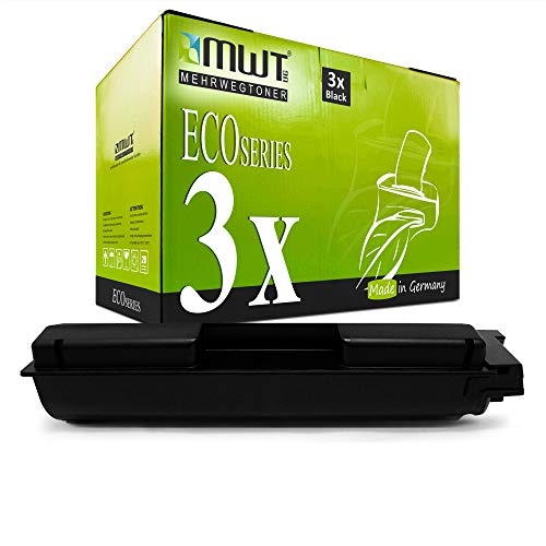 Eine schwarze Tonerkartusche liegt vor einer grünen Produktverpackung mit der Aufschrift ECO Series 3x.