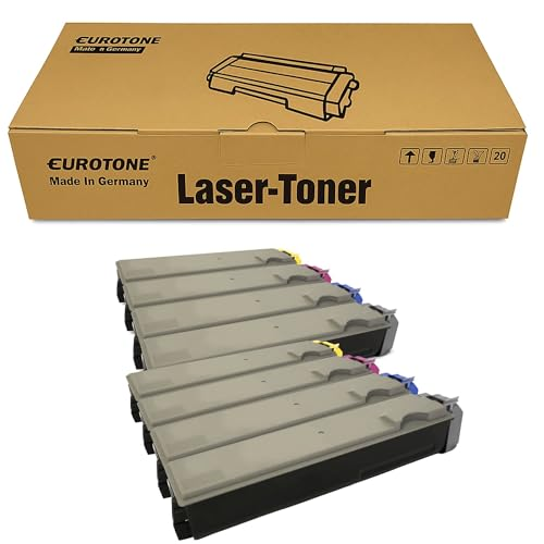 Eine Eurotone Laser-Toner Verpackung und sechs farbige Tonerkartuschen davor.