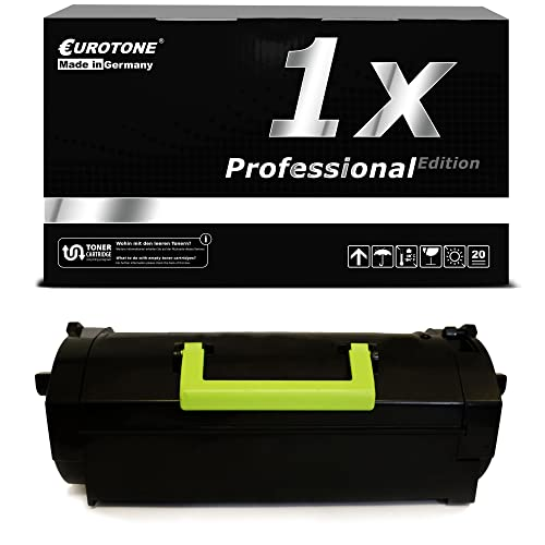 Eine schwarze Toner-Kartusche mit einem hellgrünen Griff und der dazugehörige Verpackungskarton.