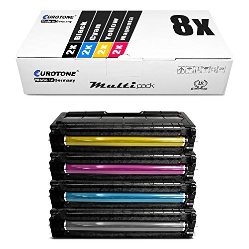 Eurotone Multipack mit einer Box und vier verschiedenen Tonerkartuschen in Schwarz, Cyan, Gelb und Magenta.