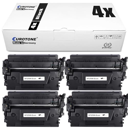 Eine weiße Eurotone-Schachtel mit der Aufschrift 4x Black und vier schwarze Drucker-Tonerkassetten darunter.