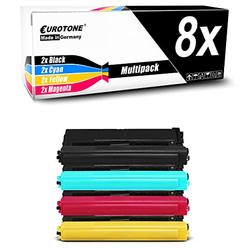 Eurotone Multipack mit acht Tonerkartuschen in Schwarz, Cyan, Gelb und Magenta vor weißem Hintergrund.