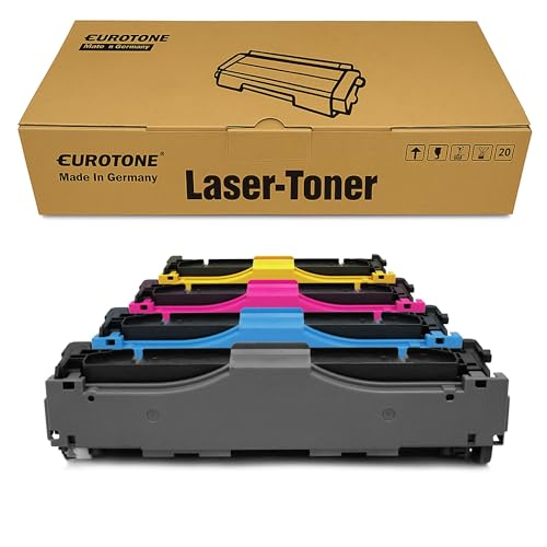 Ein Eurotone Laser-Toner Karton mit vier Tonerkassette in Schwarz, Cyan, Magenta und Gelb davor.