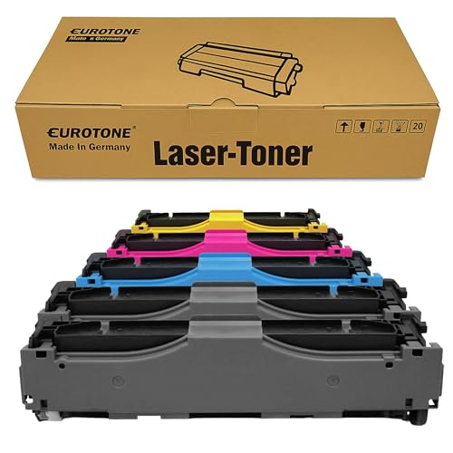 Eurotone Lasertoner-Schachtel mit farbigen und schwarzen Patronen davor auf weißem Hintergrund.