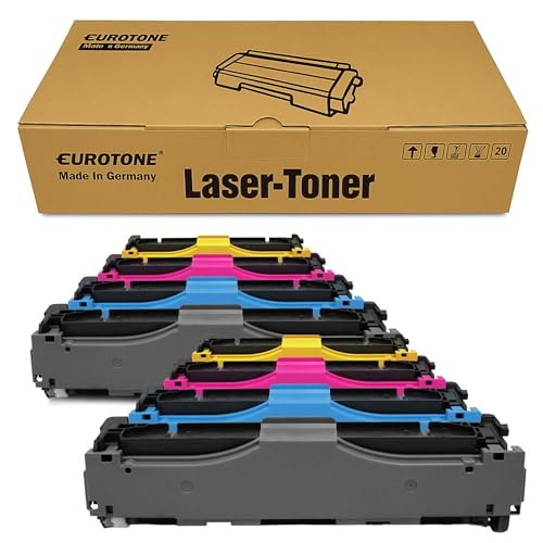 Eine Eurotone Lasertoner Box mit mehreren farbigen Tonerkartuschen davor.