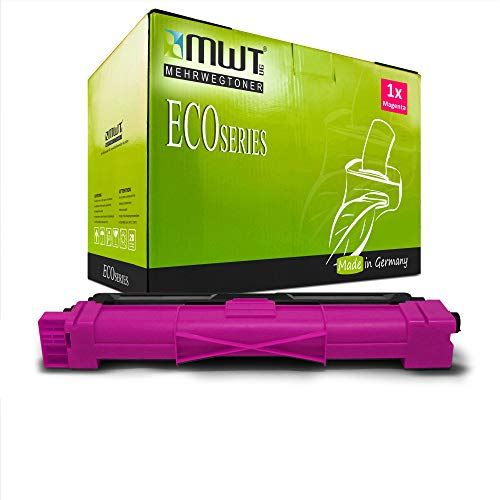 Eine magentafarbene Tonerkassette liegt vor einer grünen MWT Eco Series Verpackung.
