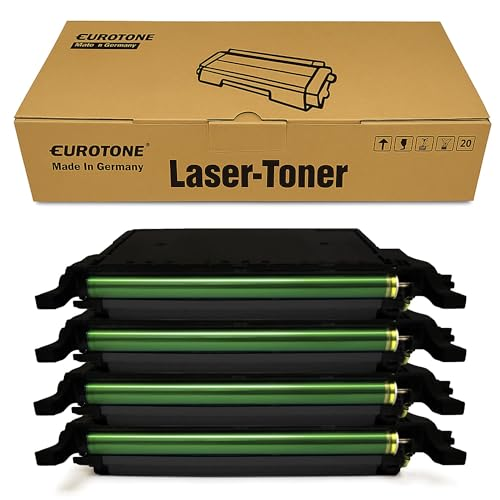 Eine Eurotone Lasertoner Box mit vier schwarzen Tonerkartuschen mit grünen Walzen.