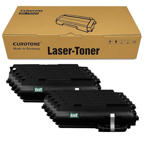 Eine braune Eurotone Lasertoner Kartonverpackung mit mehreren schwarzen Tonerkartuschen davor.