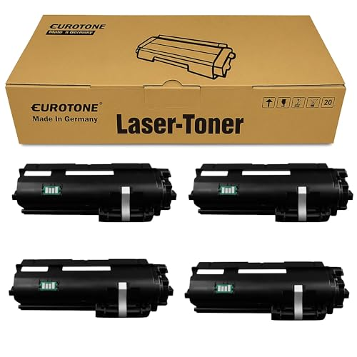 Eine Eurotone Lasertoner Box mit vier schwarzen Tonerkartuschen davor.