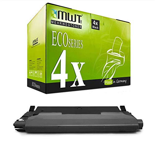 Eine grüne MWT Eco Series Tonerkartonverpackung mit 4x Schwarz und eine schwarze Tonerkartusche.