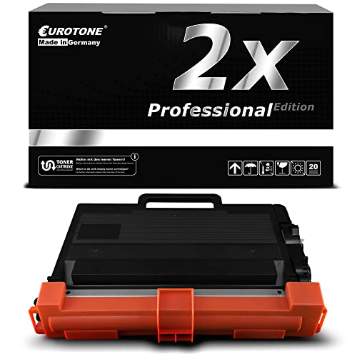 Eine schwarze Eurotone-Tonerkassette mit orangem Schutzgehäuse liegt vor der passenden Produktverpackung.