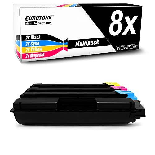 Eurotone 8er-Multipack Druckerpatronen mit Karton und schwarzten, cyan, gelben und magentafarbenen Einheiten.